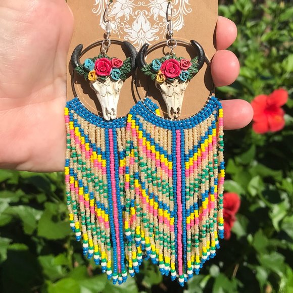 Native Bead Earrings Western Cow Skull Southwest Long Fringe Seed Bead Dangles - Picture 2 of 6